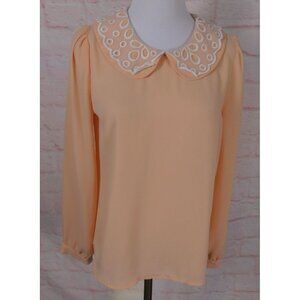 Forever 21 Peach Blouse S Long Sleeve Peter Pan Collar Eyelet Sheer Detail